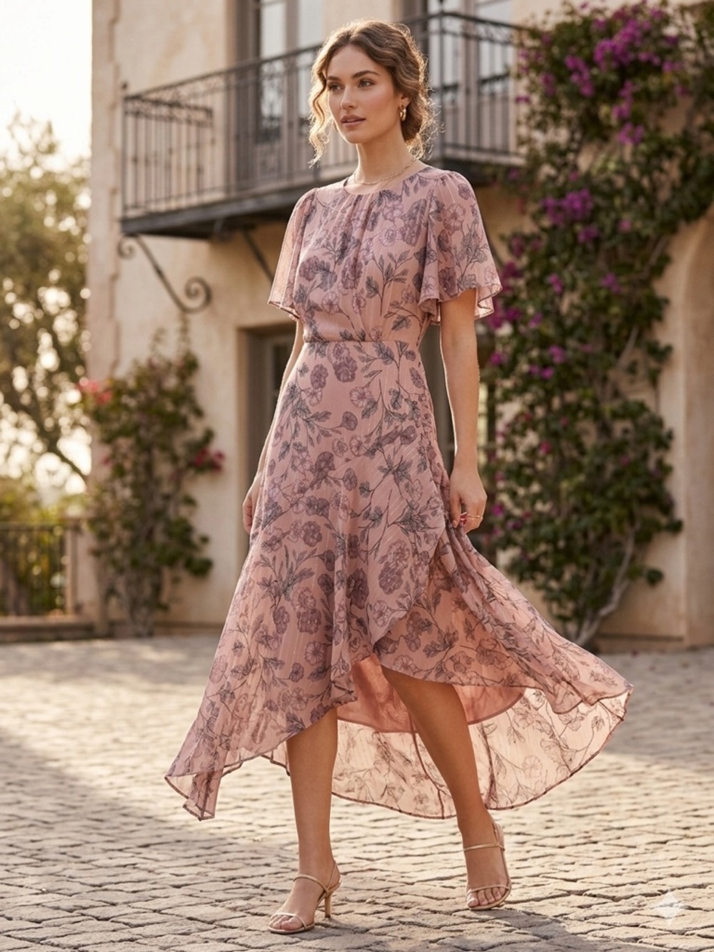 Astr Dusty Rose Floral Overlay Midi Dress